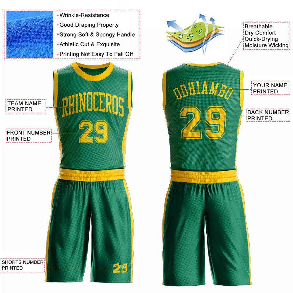 Custom Kelly Green Gold Round Neck Basketball Uniform Jersey view 4