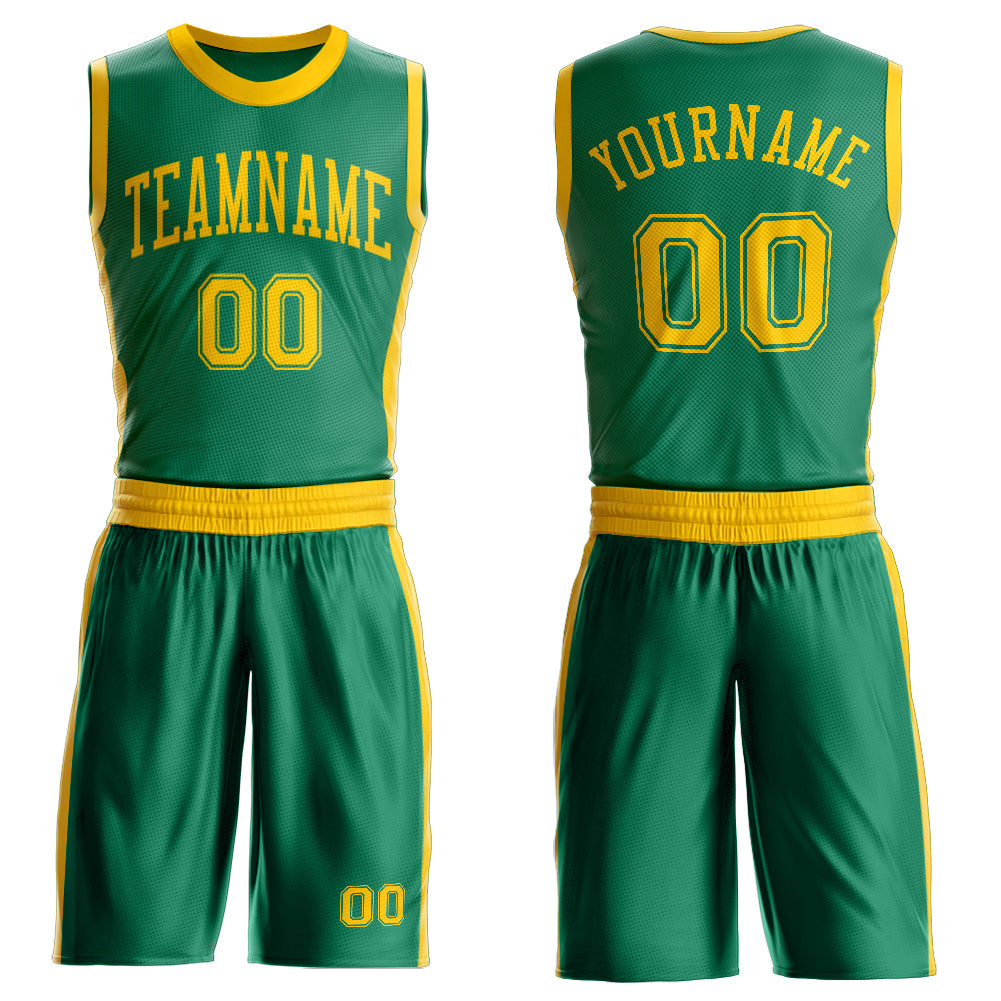 Custom Kelly Green Gold Round Neck Basketball Uniform Jersey - Main View