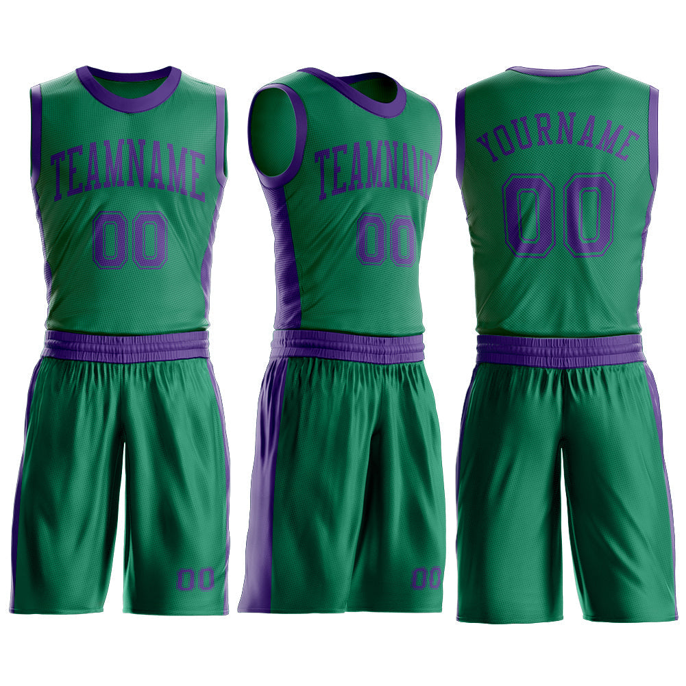 Custom Kelly Green Purple Round Neck Basketball Uniform Jersey view 3
