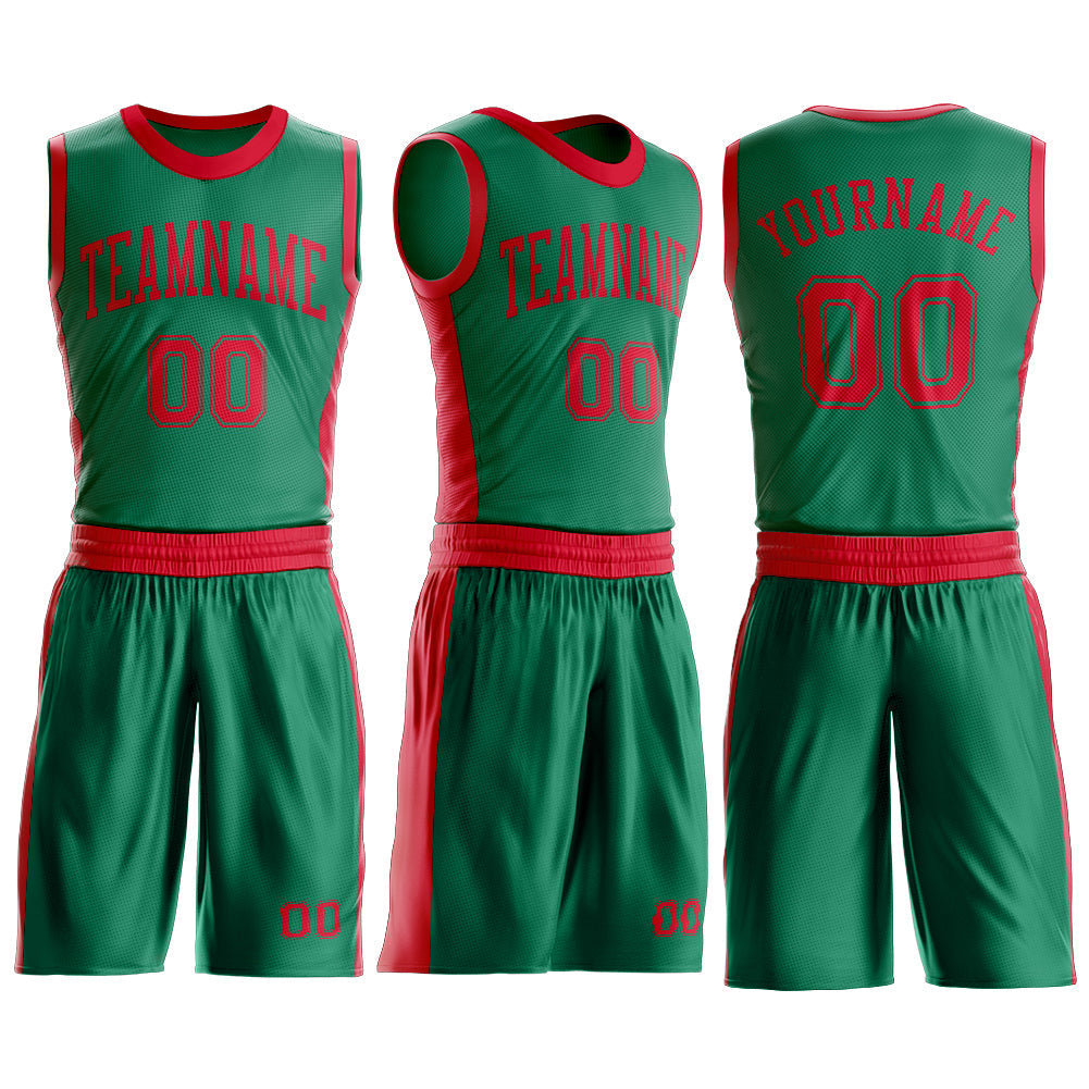 Custom Kelly Green Red Round Neck Basketball Uniform Jersey view 3