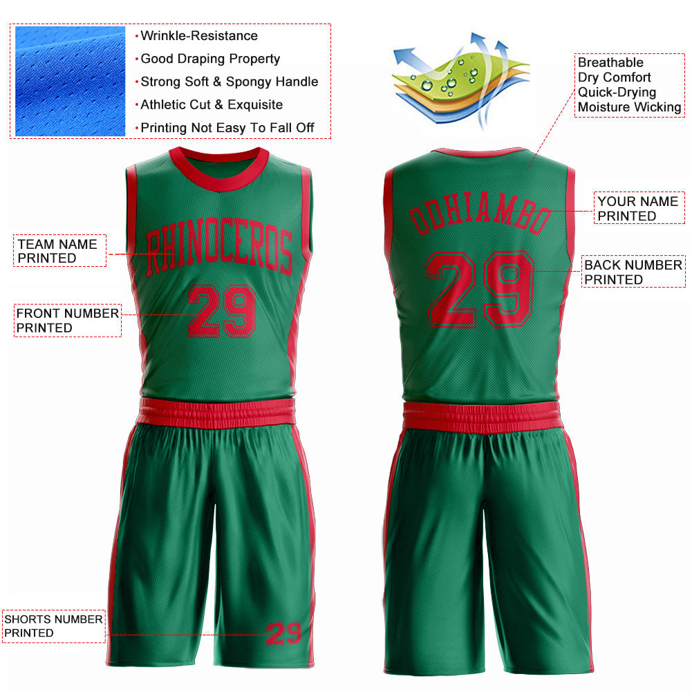 Custom Kelly Green Red Round Neck Basketball Uniform Jersey view 4