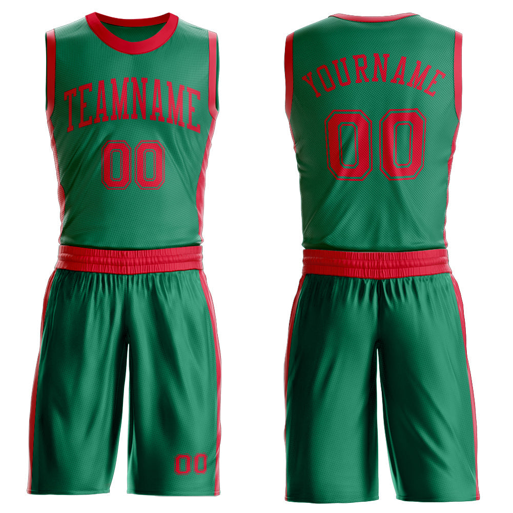 Custom Kelly Green Red Round Neck Basketball Uniform Jersey - Main View