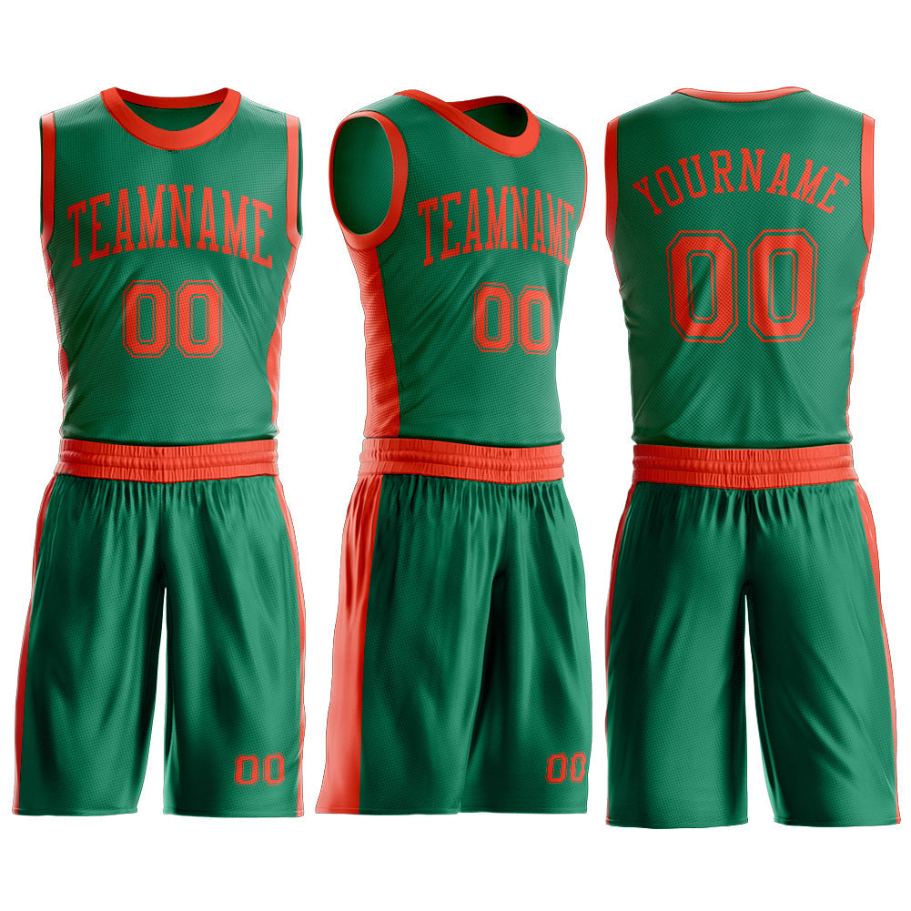 Custom Kelly Green Orange Round Neck Basketball Uniform Jersey view 3