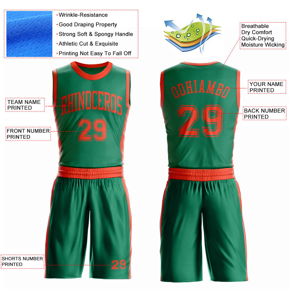 Custom Kelly Green Orange Round Neck Basketball Uniform Jersey view 4