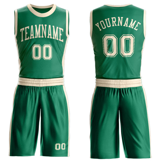 Custom Kelly Green Cream Round Neck Basketball Uniform Jersey - Main View