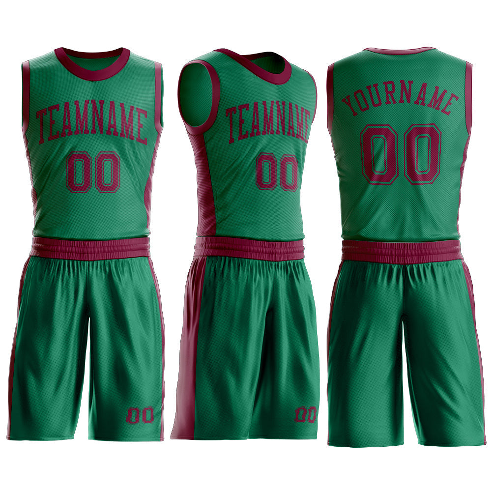 Custom Kelly Green Maroon Round Neck Basketball Uniform Jersey view 3