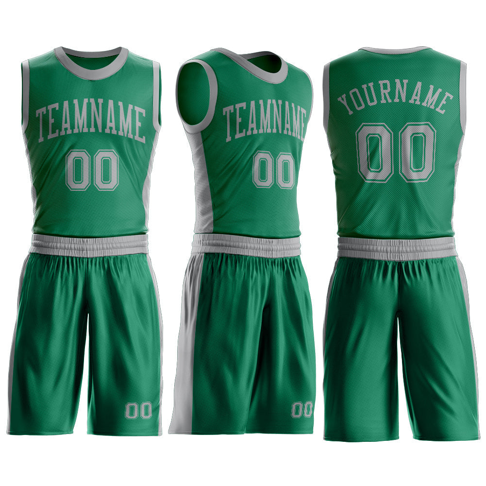 Custom Kelly Green Gray Round Neck Basketball Uniform Jersey view 3