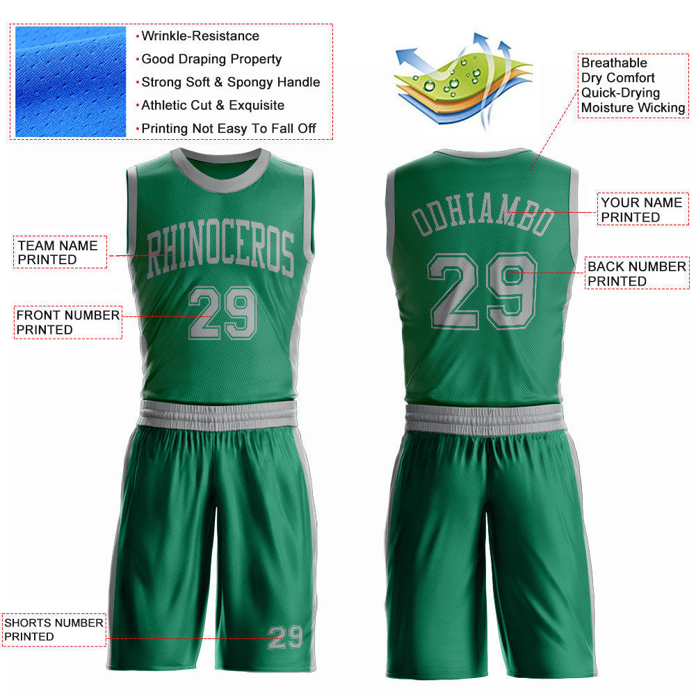 Custom Kelly Green Gray Round Neck Basketball Uniform Jersey view 4