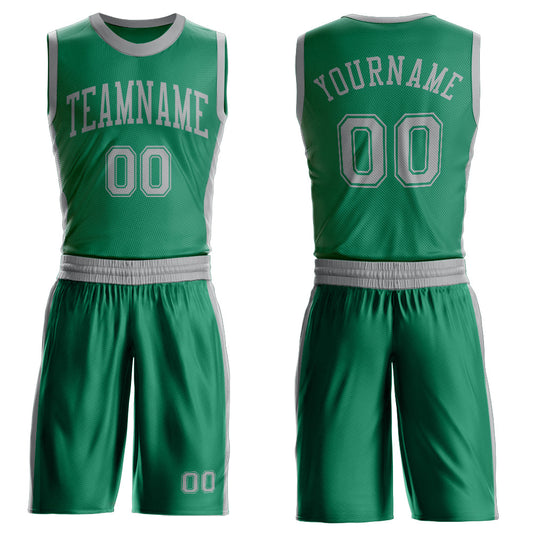 Custom Kelly Green Gray Round Neck Basketball Uniform Jersey - Main View