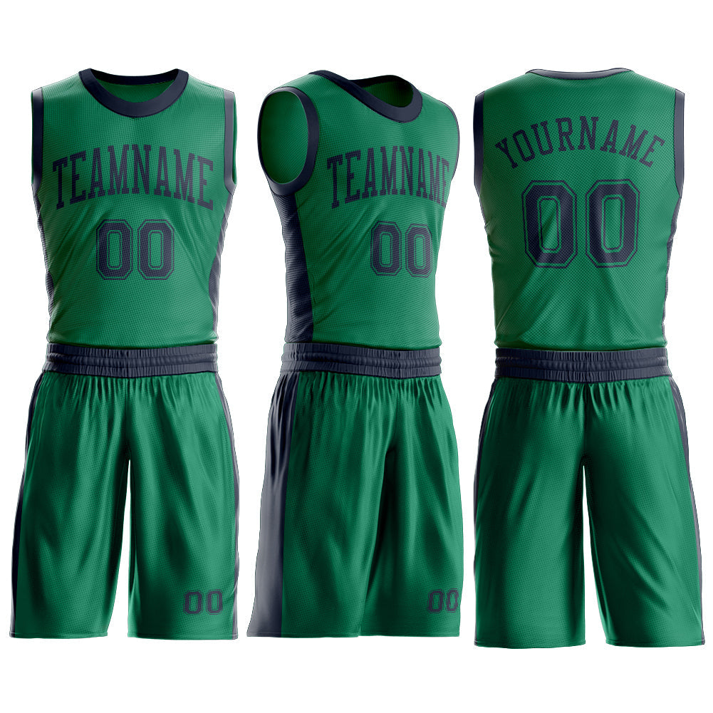 Custom Kelly Green Navy Round Neck Basketball Uniform Jersey view 3