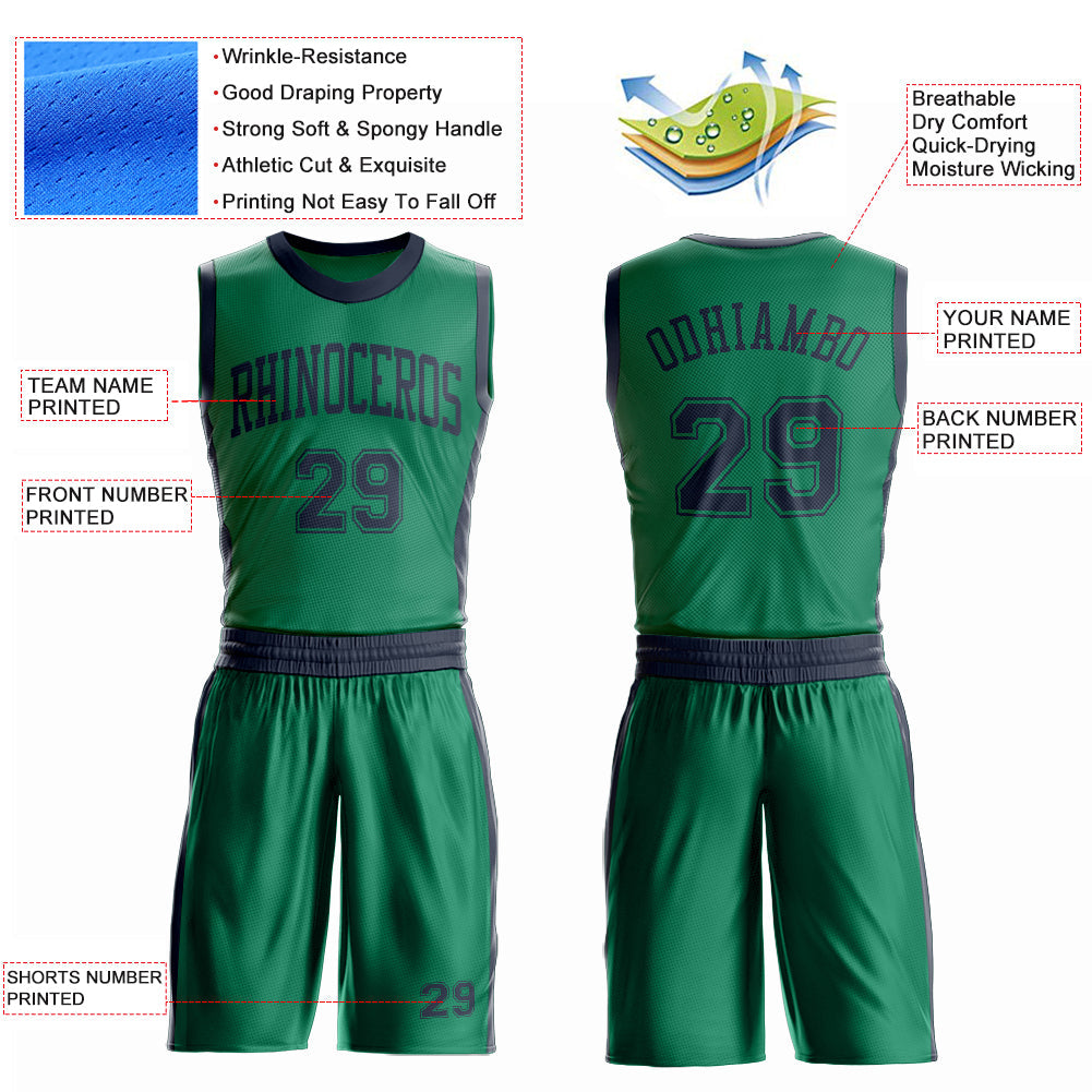 Custom Kelly Green Navy Round Neck Basketball Uniform Jersey view 4