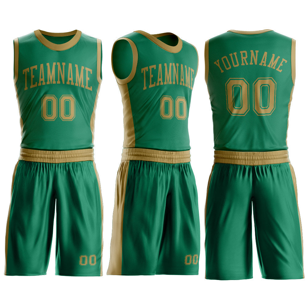 Custom Kelly Green Old Gold Round Neck Basketball Uniform Jersey view 3