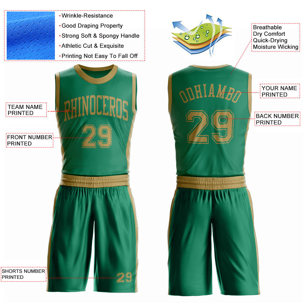 Custom Kelly Green Old Gold Round Neck Basketball Uniform Jersey view 4