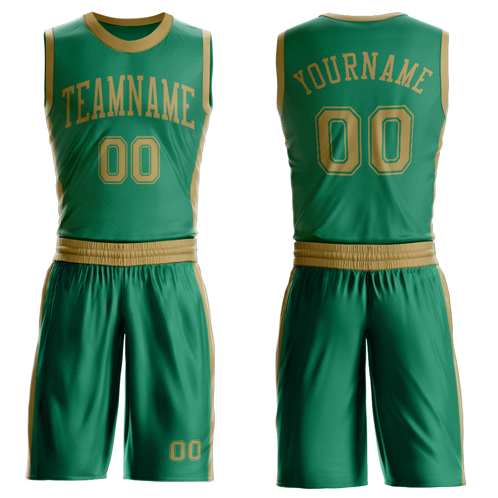 Custom Kelly Green Old Gold Round Neck Basketball Uniform Jersey - Main View