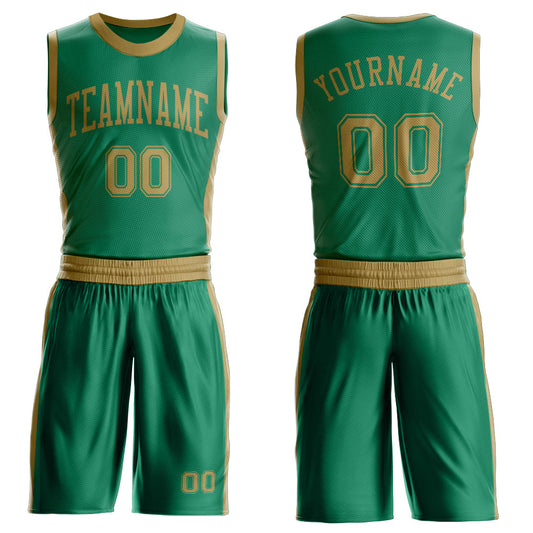 Custom Kelly Green Old Gold Round Neck Basketball Uniform Jersey - Main View