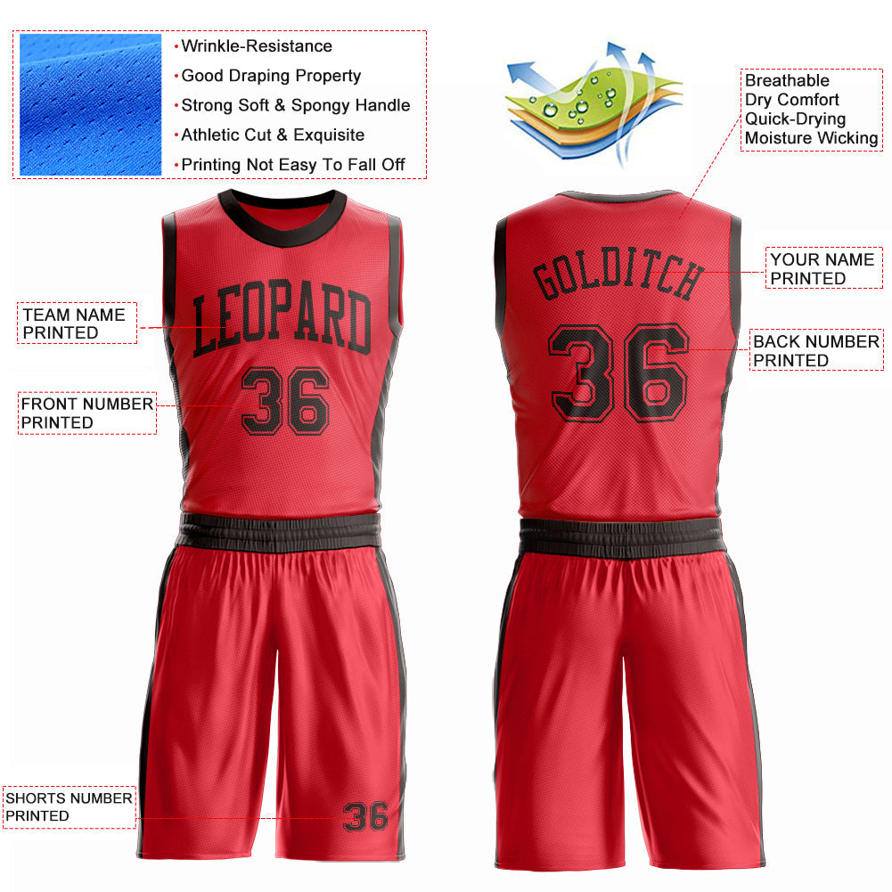 Custom Fire Red Brown Round Neck Basketball Uniform Jersey view 4
