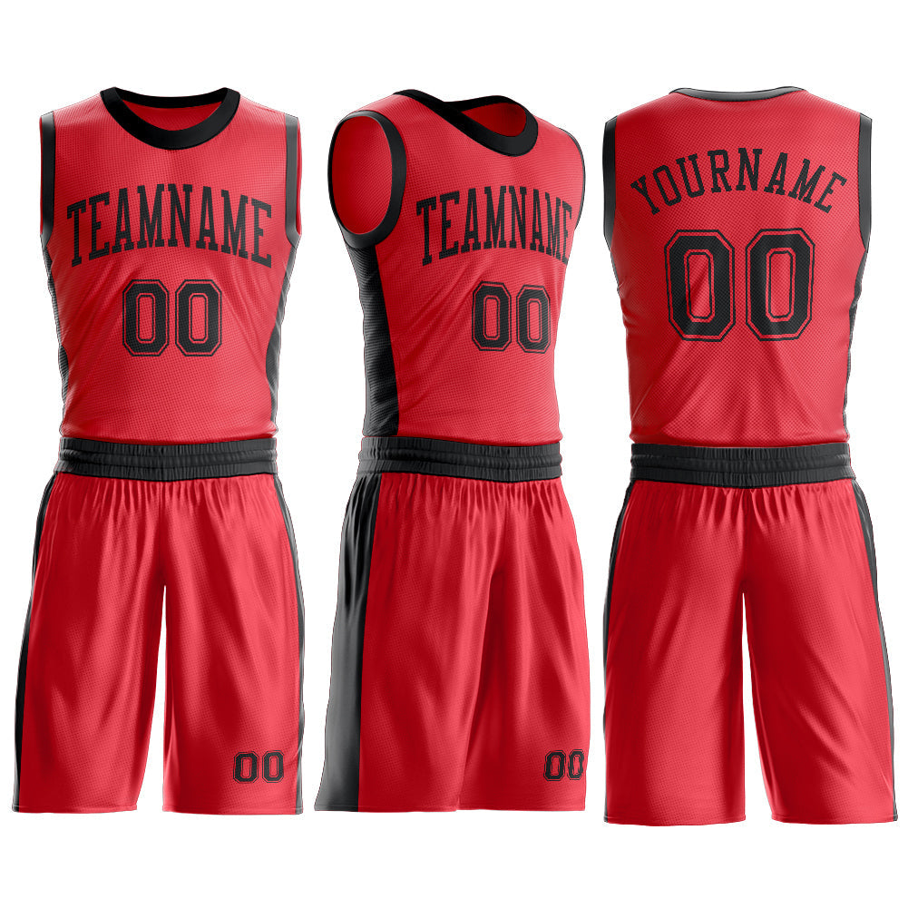 Custom Fire Red Black Round Neck Basketball Uniform Jersey view 3