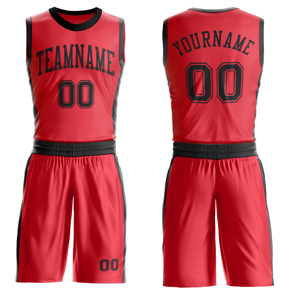 Custom Fire Red Black Round Neck Basketball Uniform Jersey - Main View