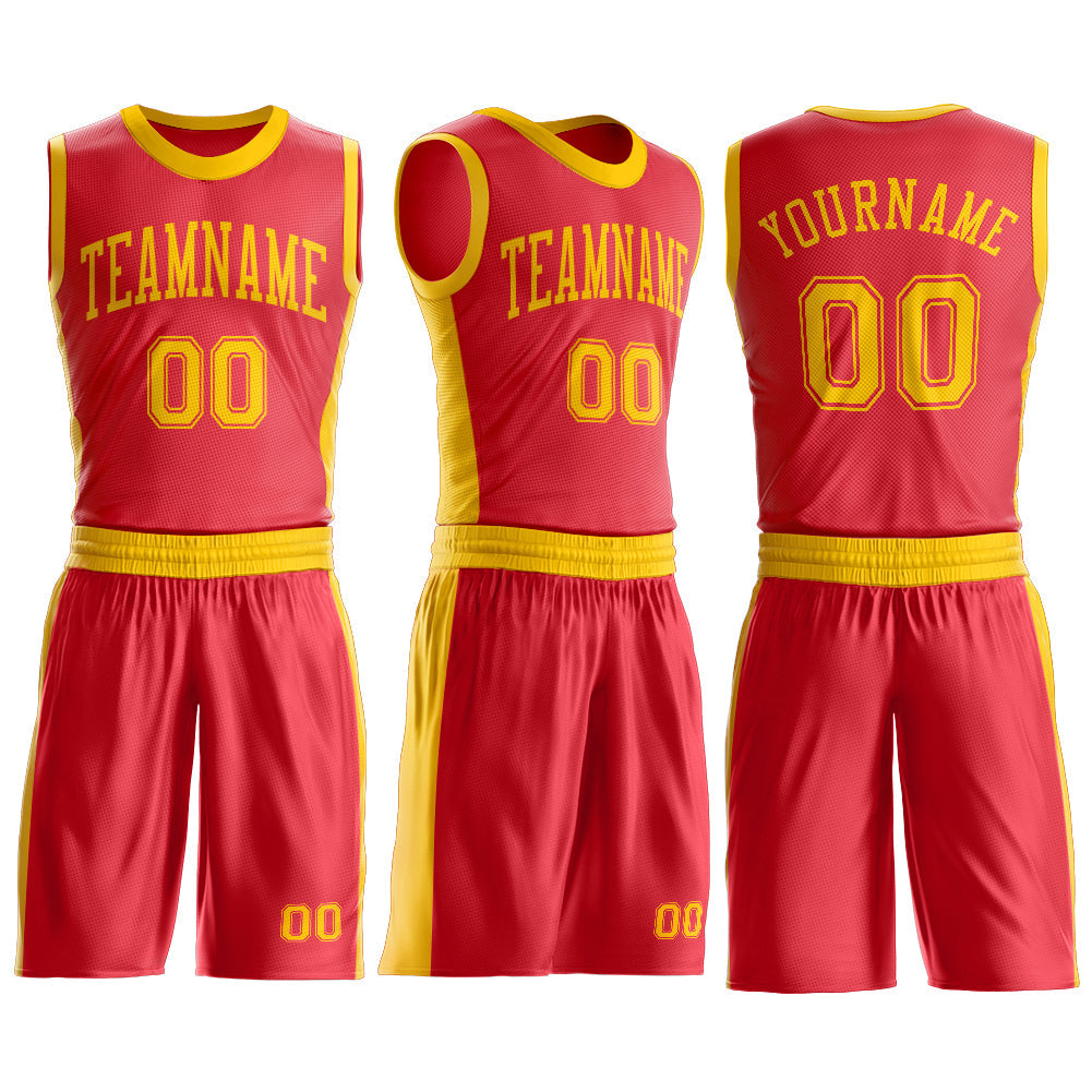 Custom Fire Red Gold Round Neck Basketball Uniform Jersey view 3