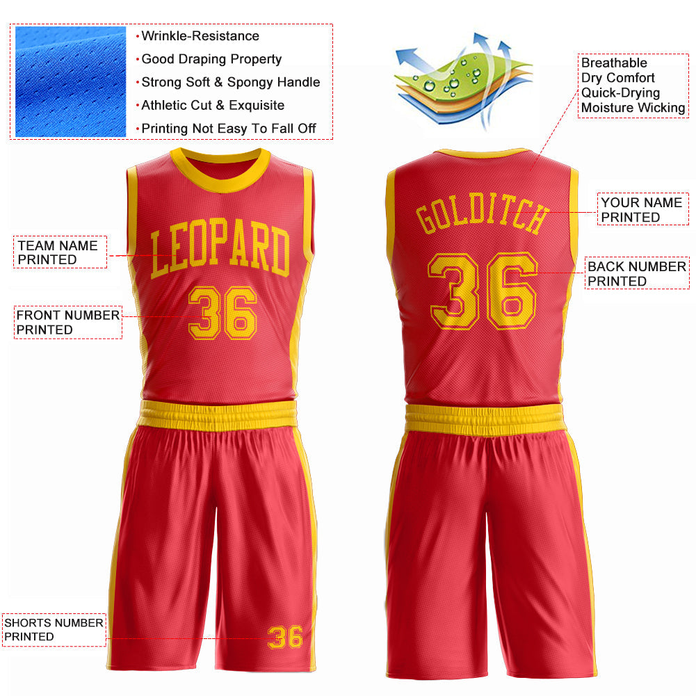 Custom Fire Red Gold Round Neck Basketball Uniform Jersey view 4