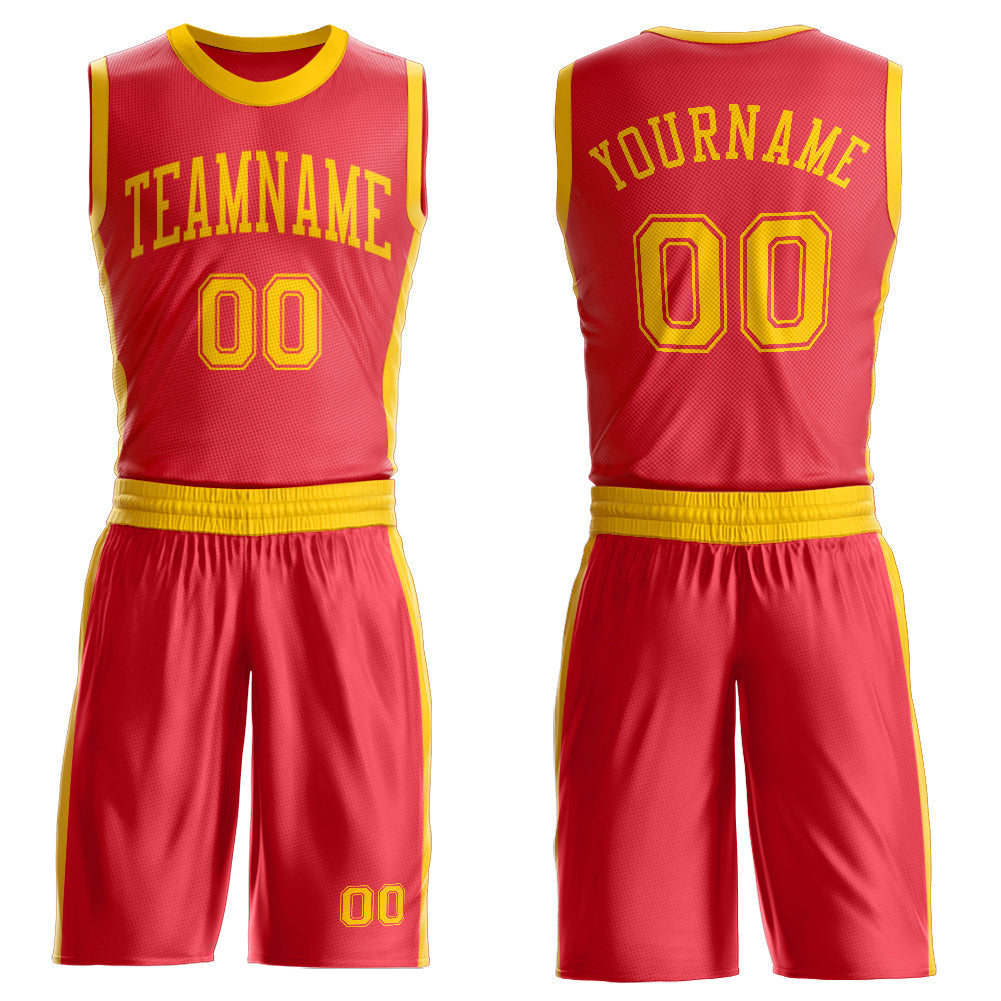 Custom Fire Red Gold Round Neck Basketball Uniform Jersey - Main View