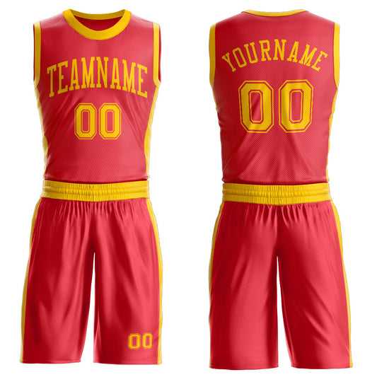 Custom Fire Red Gold Round Neck Basketball Uniform Jersey - Main View