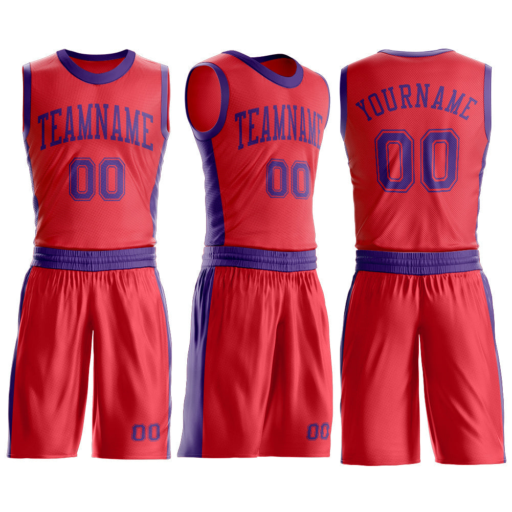 Custom Fire Red Purple Round Neck Basketball Uniform Jersey view 3