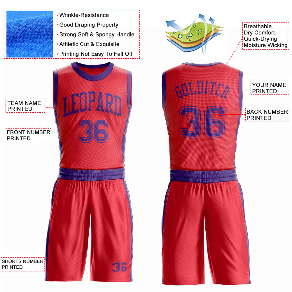 Custom Fire Red Purple Round Neck Basketball Uniform Jersey view 4