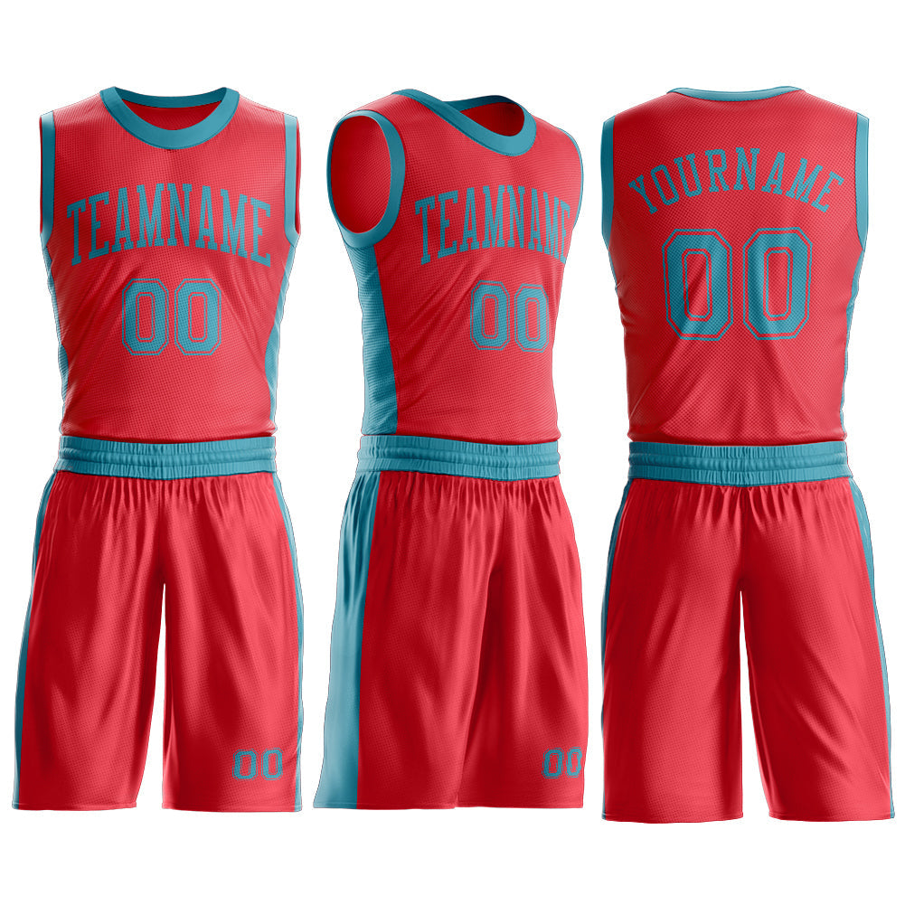 Custom Fire Red Teal Round Neck Basketball Uniform Jersey view 3