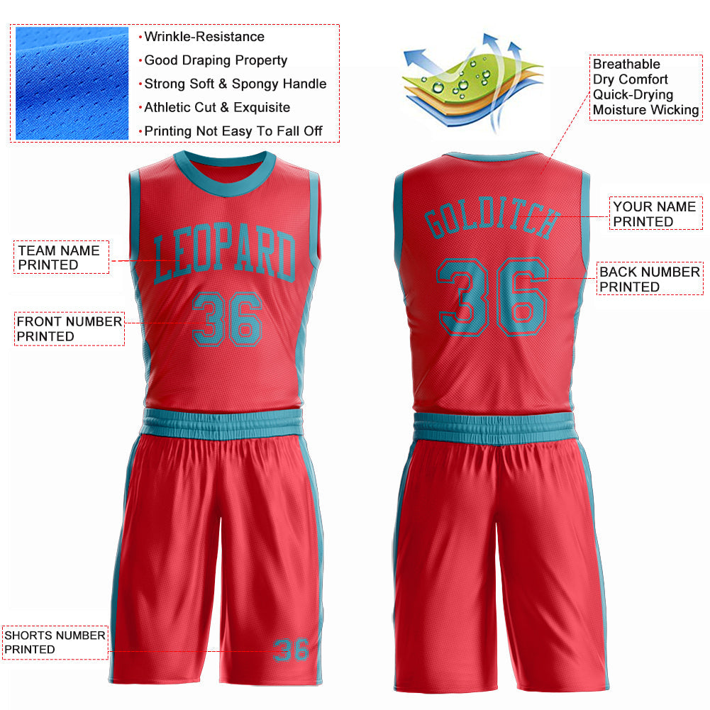 Custom Fire Red Teal Round Neck Basketball Uniform Jersey view 4