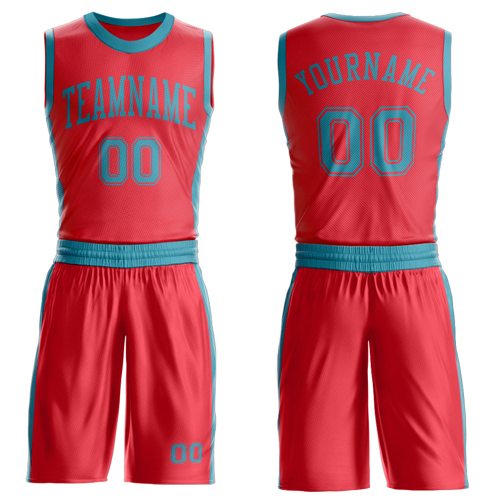 Custom Fire Red Teal Round Neck Basketball Uniform Jersey - Main View