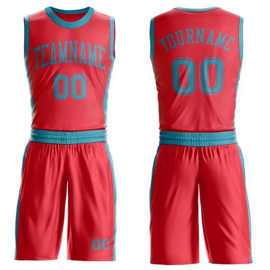 Custom Fire Red Teal Round Neck Basketball Uniform Jersey - Main View