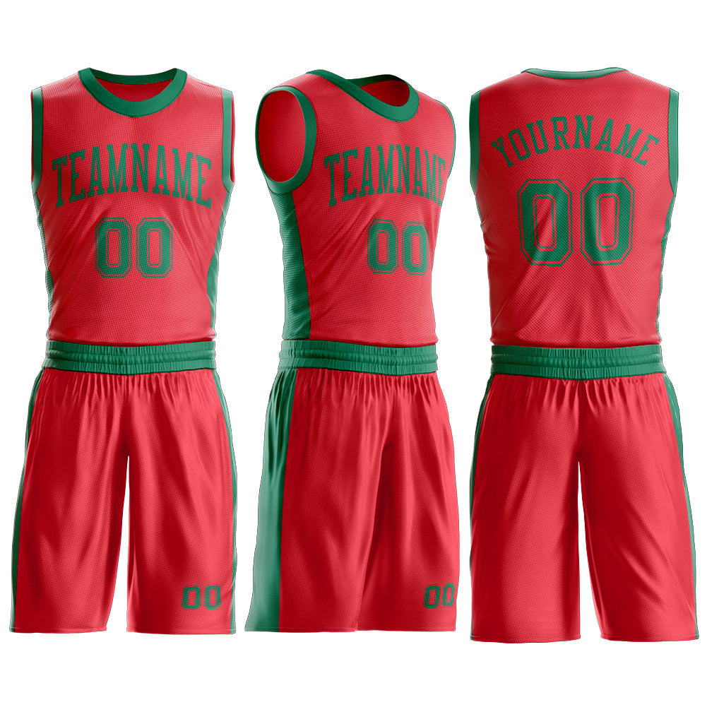 Custom Fire Red Kelly Green Round Neck Basketball Uniform Jersey view 3