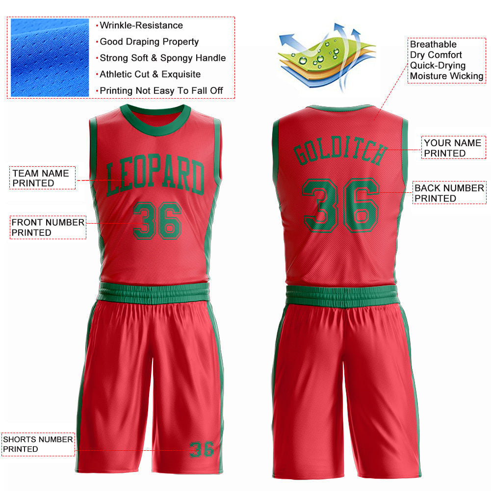 Custom Fire Red Kelly Green Round Neck Basketball Uniform Jersey view 4