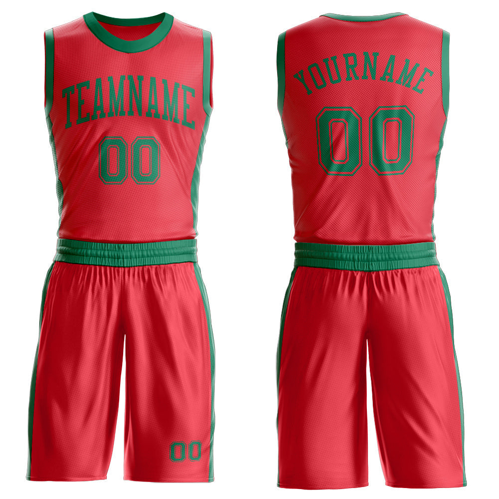 Custom Fire Red Kelly Green Round Neck Basketball Uniform Jersey - Main View
