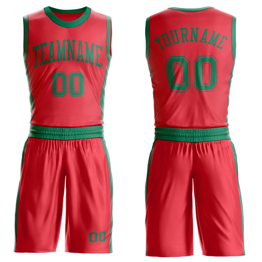 Custom Fire Red Kelly Green Round Neck Basketball Uniform Jersey - Main View