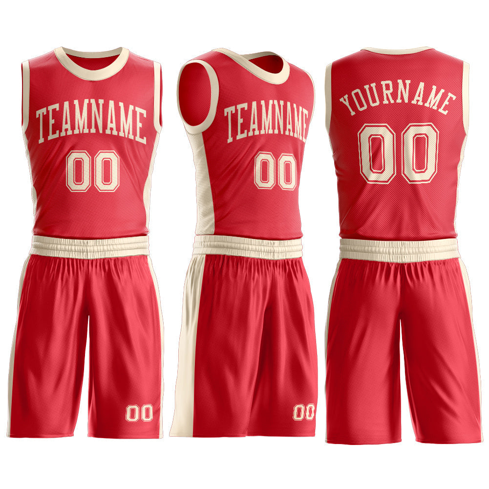 Custom Fire Red Cream Round Neck Basketball Uniform Jersey view 3