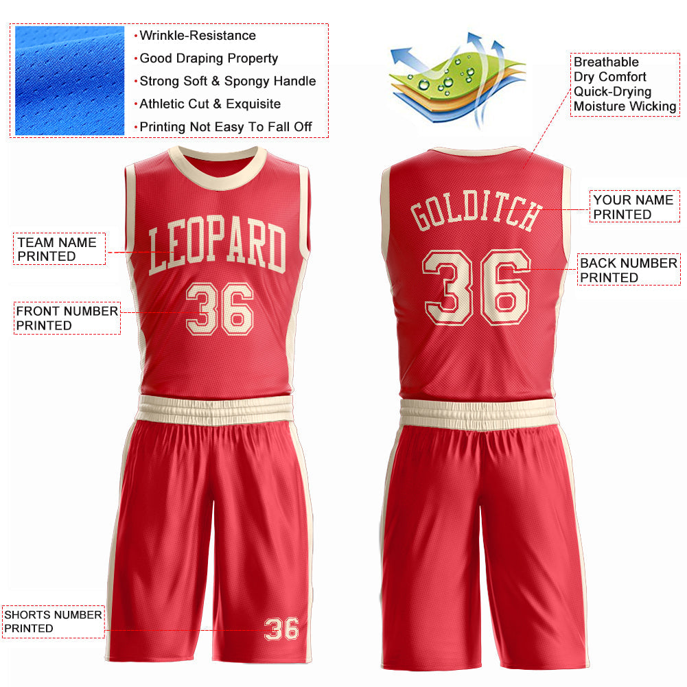 Custom Fire Red Cream Round Neck Basketball Uniform Jersey view 4