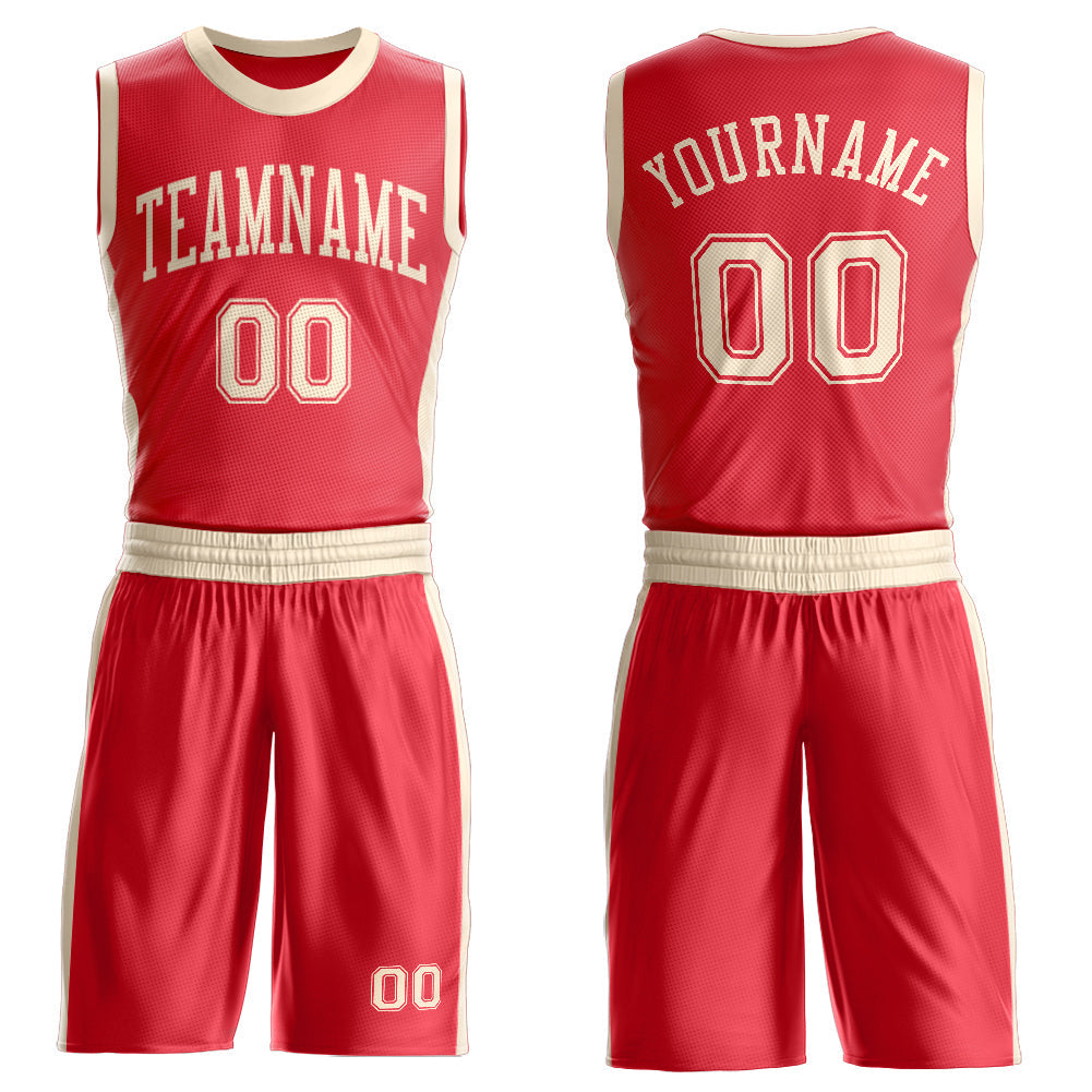 Custom Fire Red Cream Round Neck Basketball Uniform Jersey - Main View