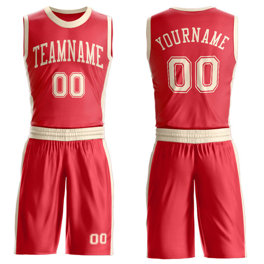 Custom Fire Red Cream Round Neck Basketball Uniform Jersey - Main View