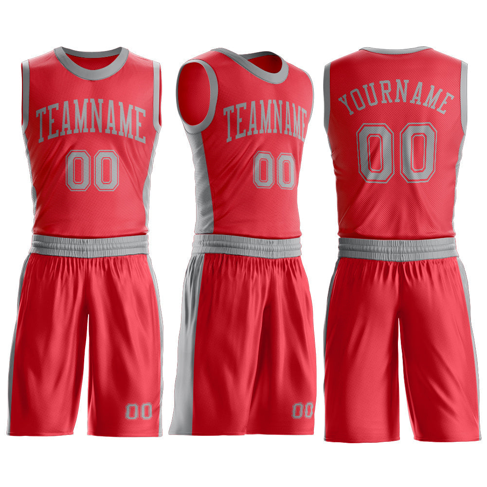 Custom Fire Red Gray Round Neck Basketball Uniform Jersey view 3