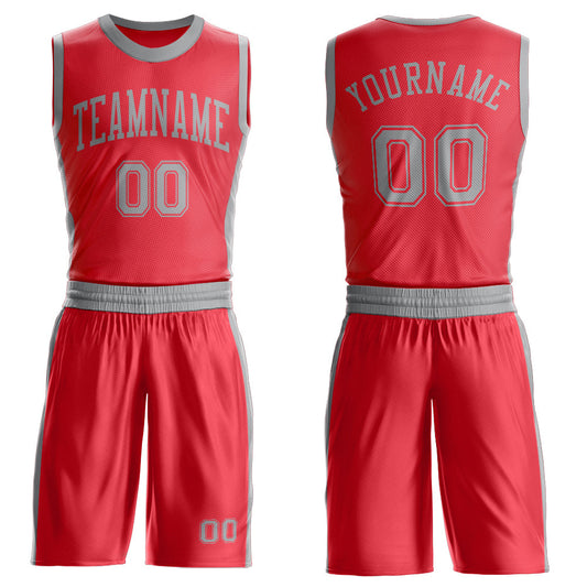 Custom Fire Red Gray Round Neck Basketball Uniform Jersey - Main View