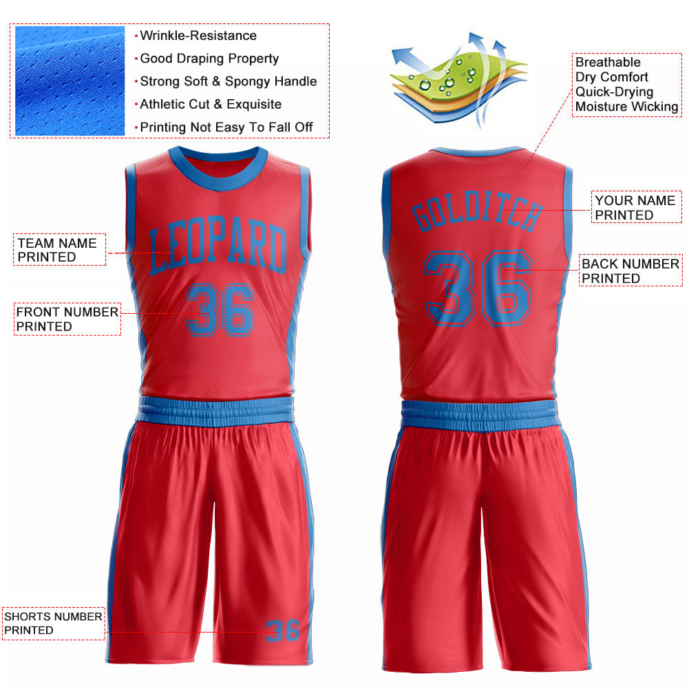 Custom Fire Red Blue Round Neck Basketball Uniform Jersey view 4