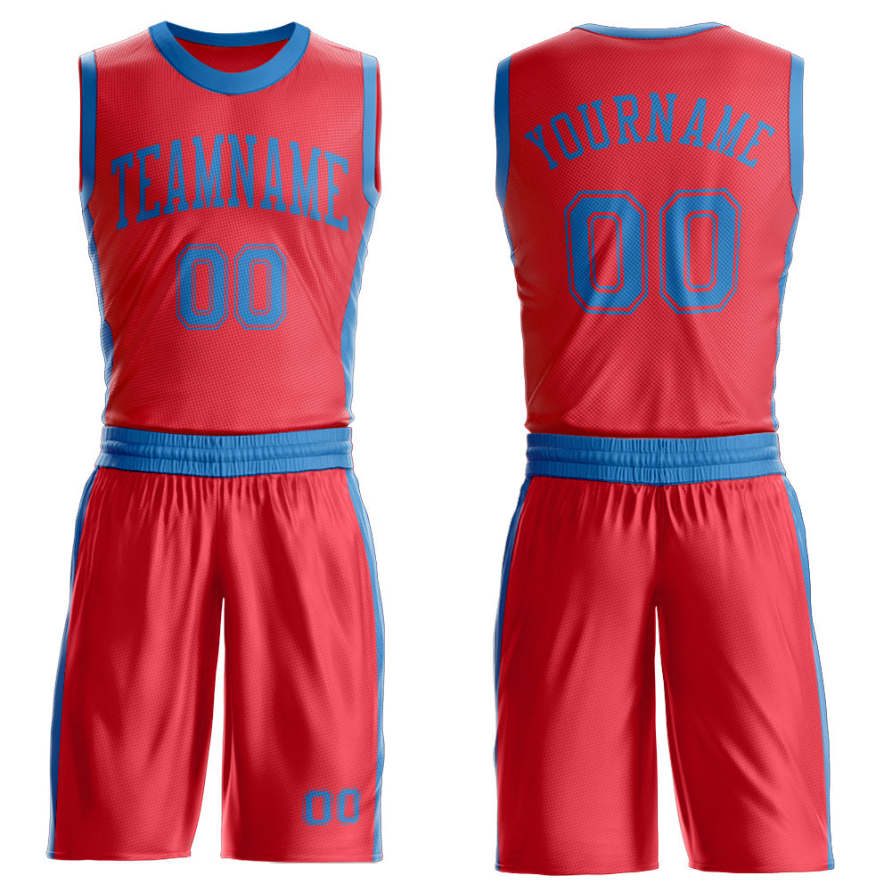 Custom Fire Red Blue Round Neck Basketball Uniform Jersey - Main View