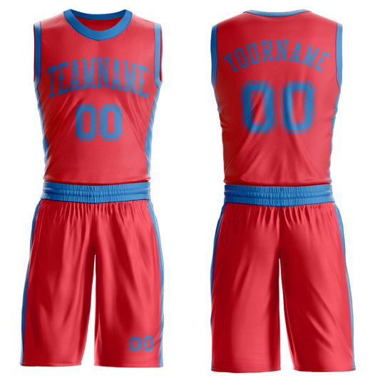 Custom Fire Red Blue Round Neck Basketball Uniform Jersey - Main View