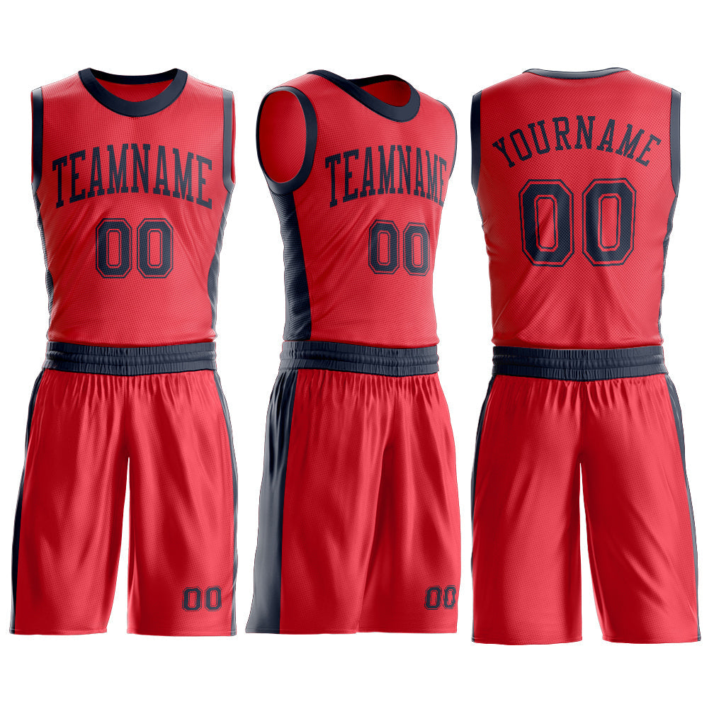 Custom Fire Red Navy Round Neck Basketball Uniform Jersey view 3