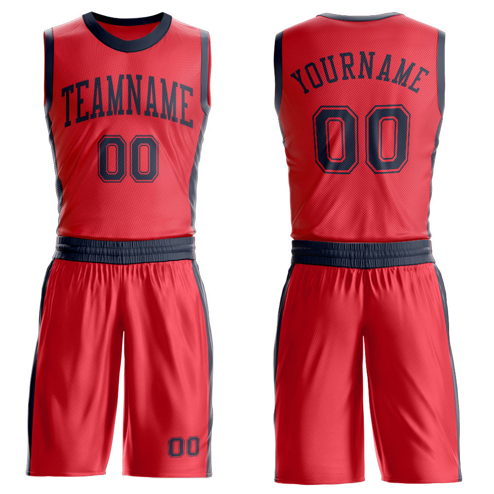 Custom Fire Red Navy Round Neck Basketball Uniform Jersey - Main View