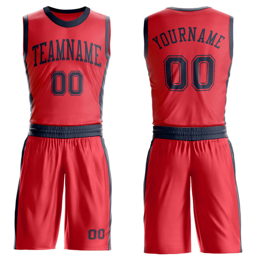 Custom Fire Red Navy Round Neck Basketball Uniform Jersey - Main View