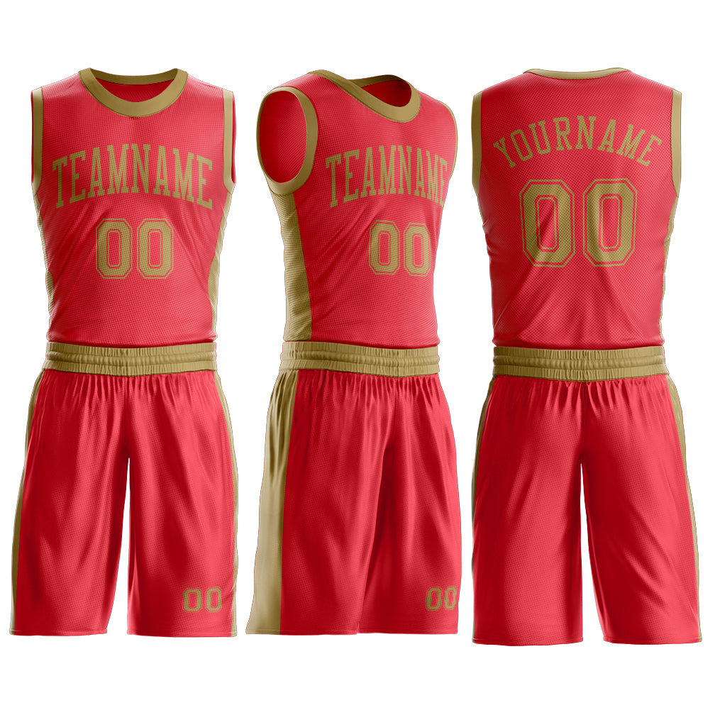 Custom Fire Red Old Gold Round Neck Basketball Uniform Jersey view 3