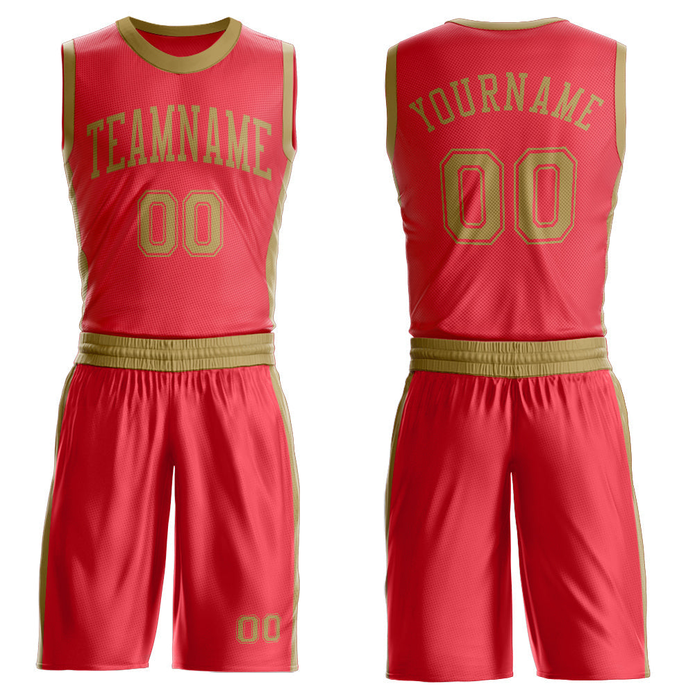 Custom Fire Red Old Gold Round Neck Basketball Uniform Jersey - Main View